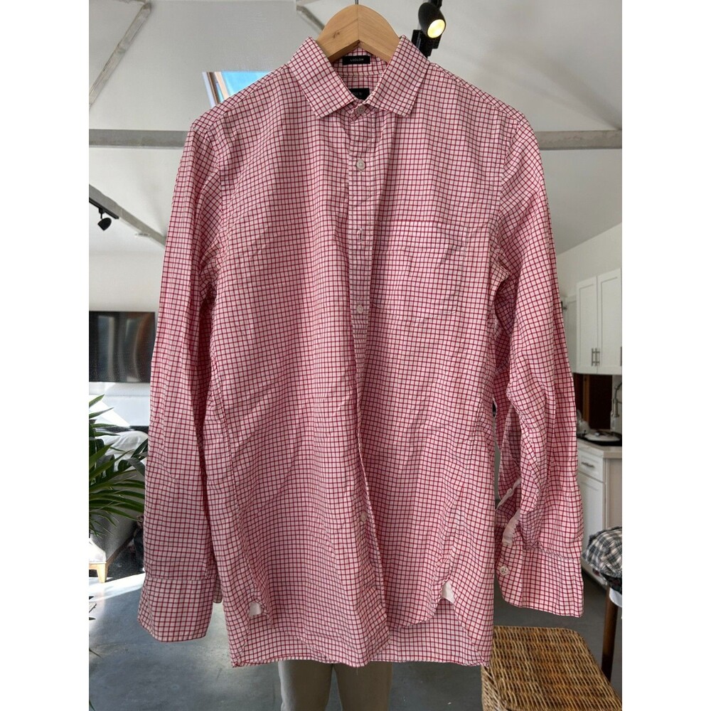 J CREW Light Weight Red Gingham Button Up Dress Shirt Cotton Small Stretch